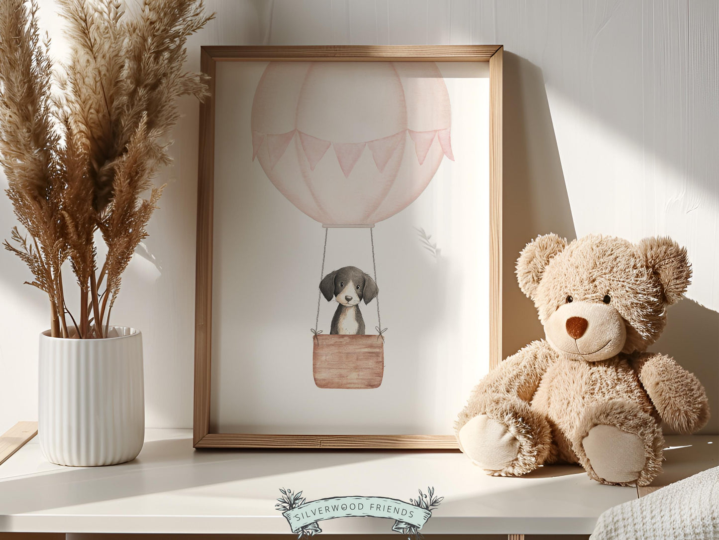 Pink Watercolor Hot Air Balloon Dog Nursery Print, Baby Girl Puppy Nursery Wall Art, Baby Girl Pink Puppy Dog Nursery Decor Digital Print