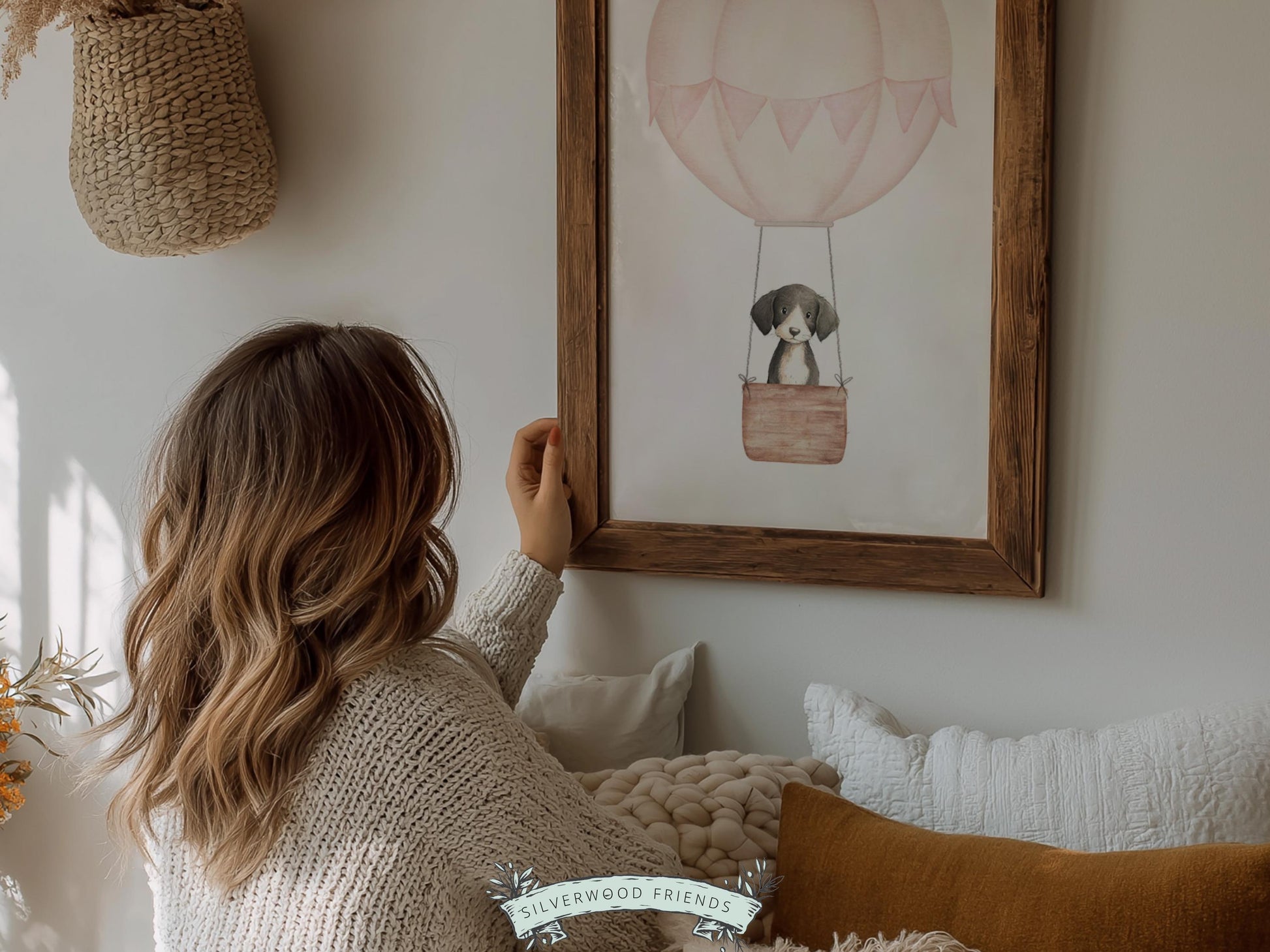 Pink Watercolor Hot Air Balloon Dog Nursery Print, Baby Girl Puppy Nursery Wall Art, Baby Girl Pink Puppy Dog Nursery Decor Digital Print