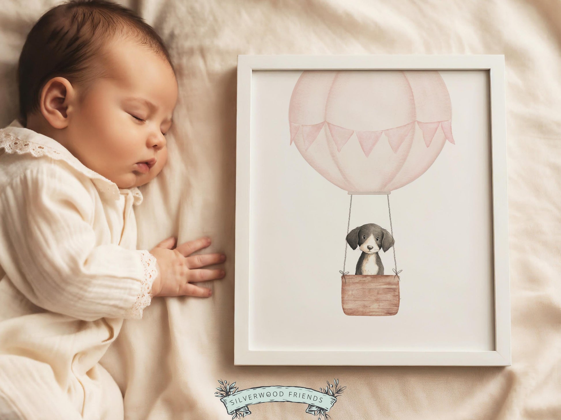 Pink Watercolor Hot Air Balloon Dog Nursery Print, Baby Girl Puppy Nursery Wall Art, Baby Girl Pink Puppy Dog Nursery Decor Digital Print