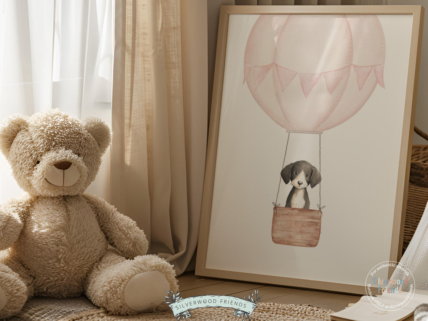 Pink Watercolor Hot Air Balloon Dog Nursery Print, Baby Girl Puppy Nursery Wall Art, Baby Girl Pink Puppy Dog Nursery Decor Digital Print
