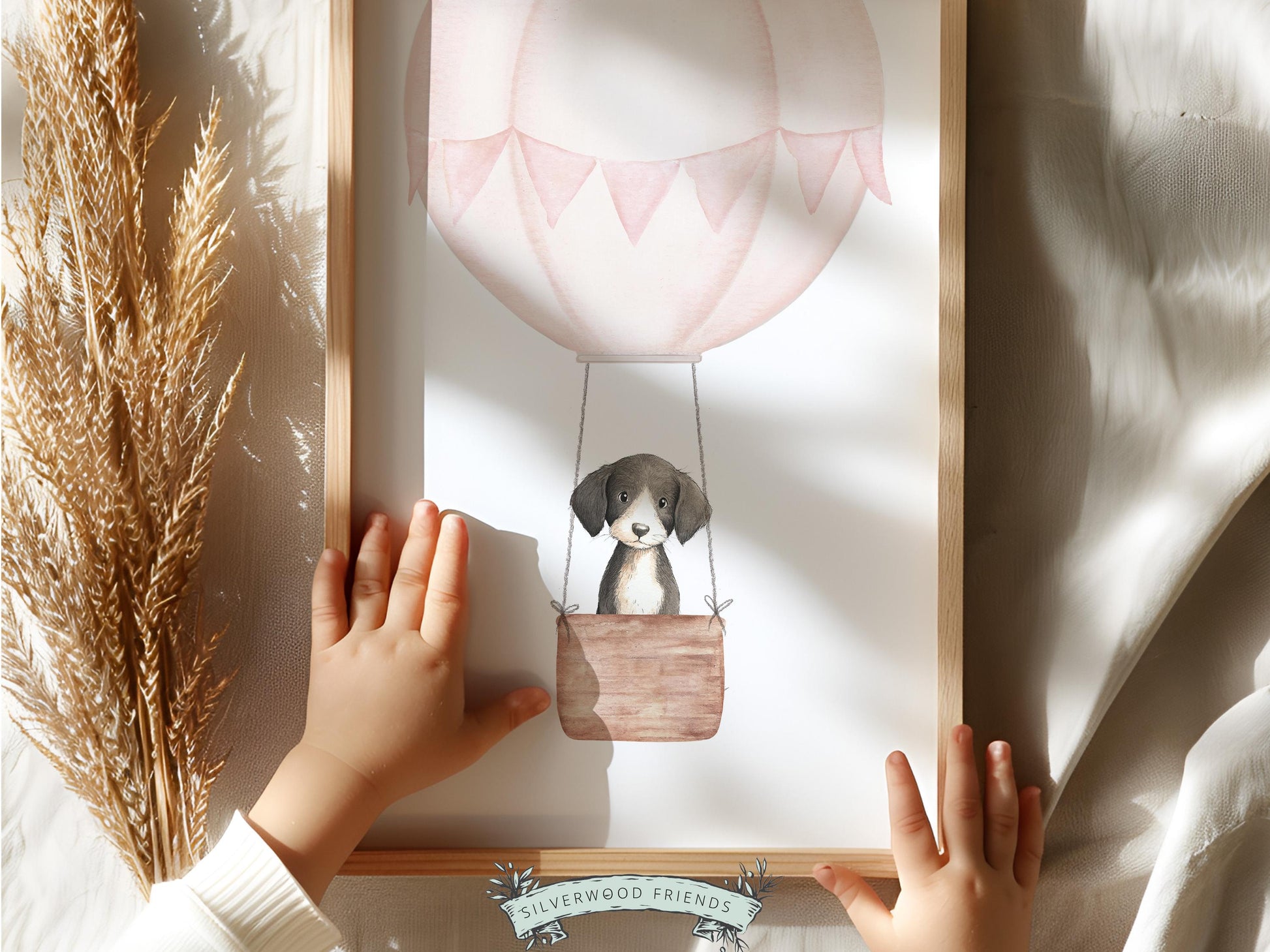 Pink Watercolor Hot Air Balloon Dog Nursery Print, Baby Girl Puppy Nursery Wall Art, Baby Girl Pink Puppy Dog Nursery Decor Digital Print