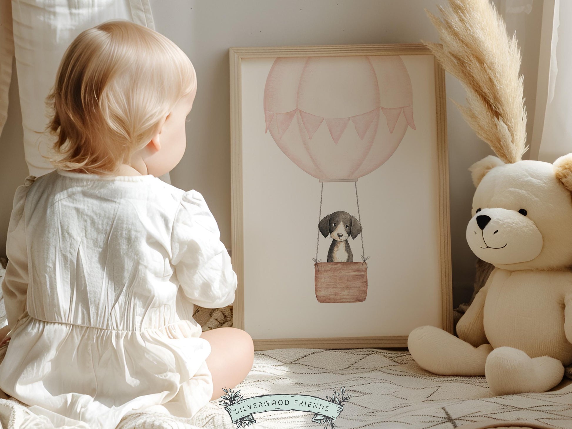 Pink Watercolor Hot Air Balloon Dog Nursery Print, Baby Girl Puppy Nursery Wall Art, Baby Girl Pink Puppy Dog Nursery Decor Digital Print