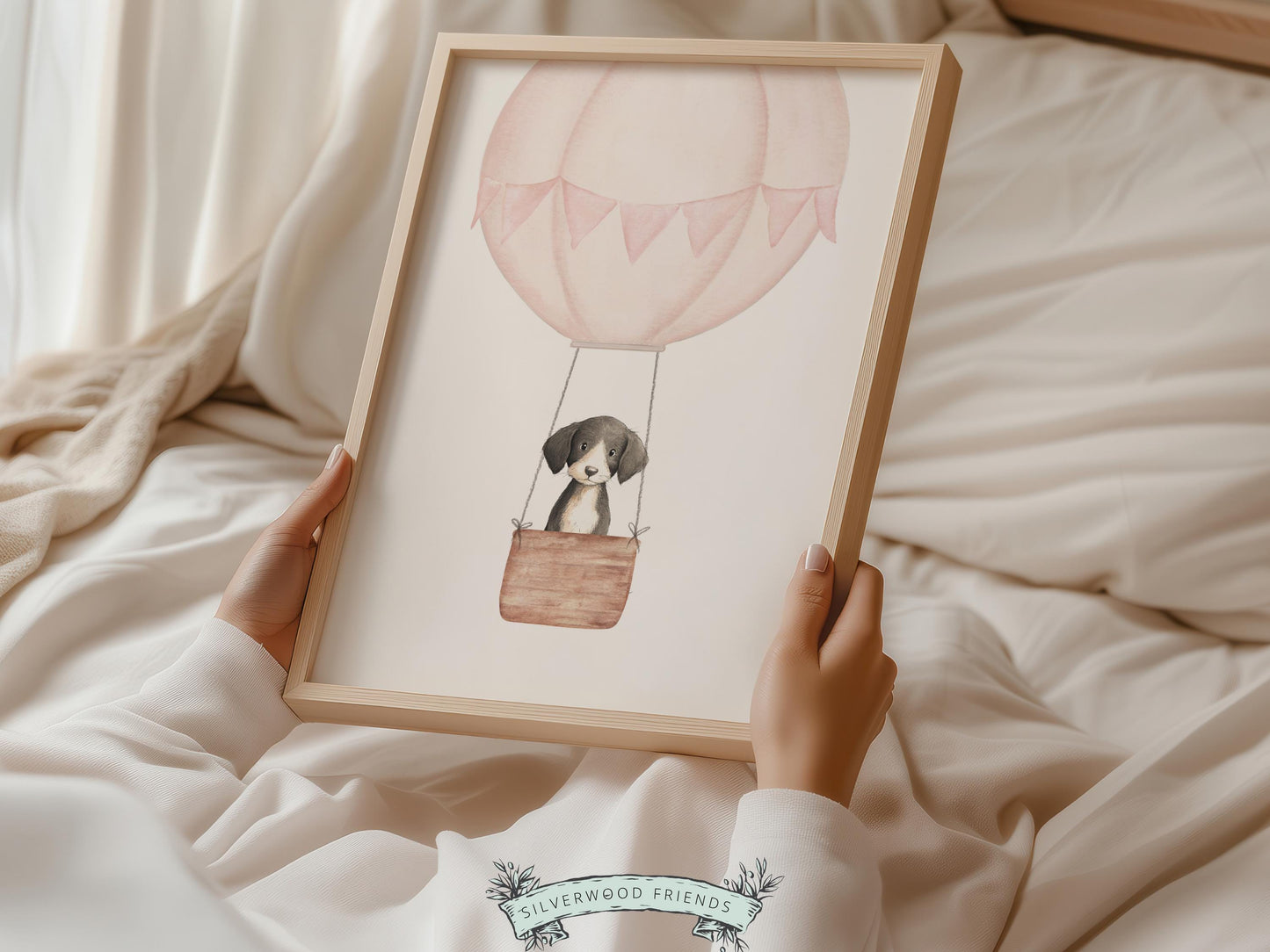 Pink Watercolor Hot Air Balloon Dog Nursery Print, Baby Girl Puppy Nursery Wall Art, Baby Girl Pink Puppy Dog Nursery Decor Digital Print