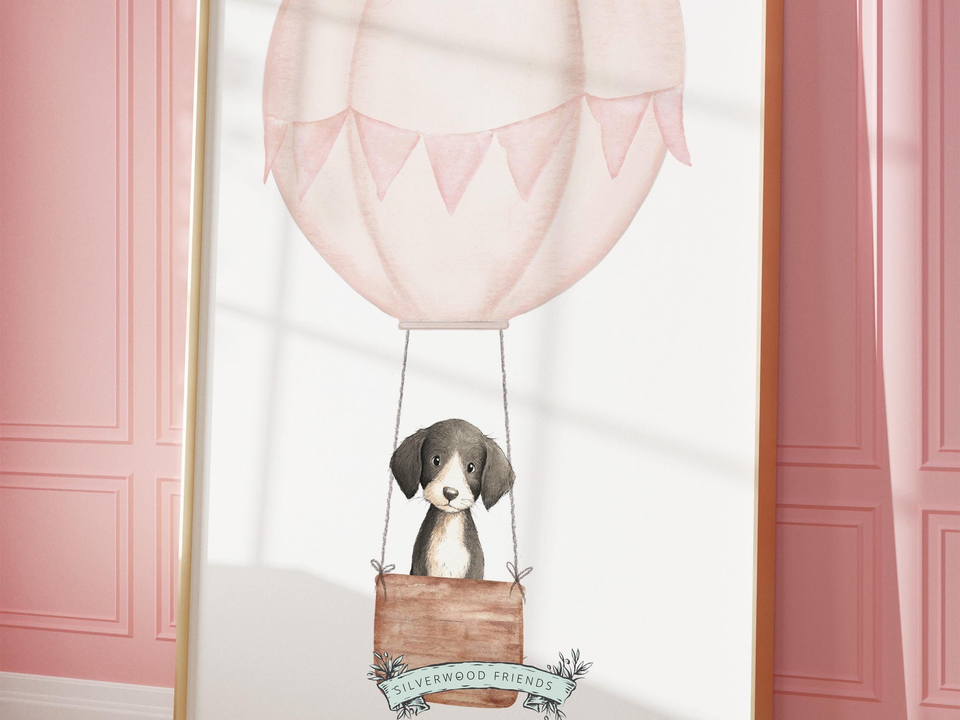Pink Watercolor Hot Air Balloon Dog Nursery Print, Baby Girl Puppy Nursery Wall Art, Baby Girl Pink Puppy Dog Nursery Decor Digital Print