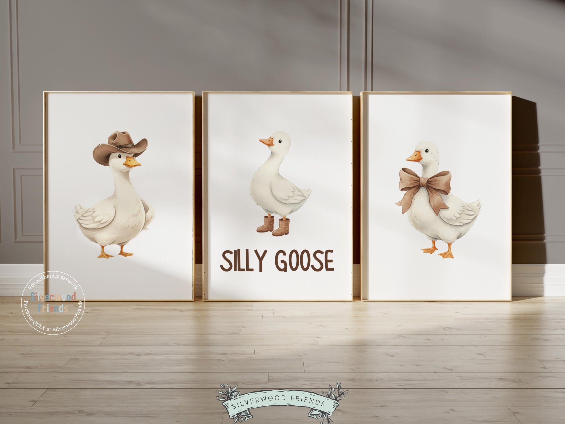 Set of 3 Silly Goose Nursery Prints, Beige Duck Nursery Decor, Gender Neutral Western Nursery Wall Art, Digital Download