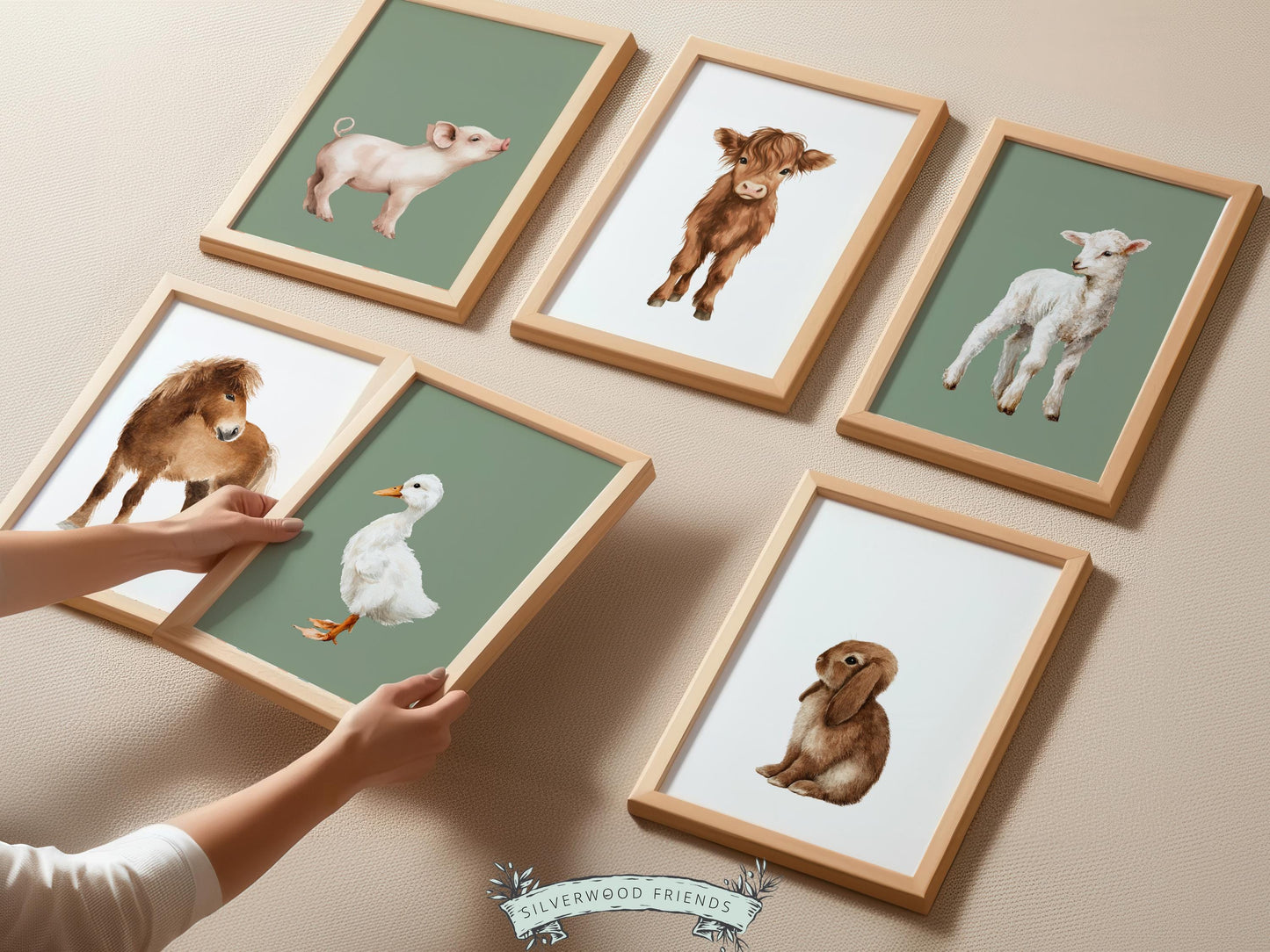 Baby Farm Animal Nursery Prints, Sage Green Highland Cow Western Nursery Decor, Kids Green Nursery Wall Art (DIGITAL)
