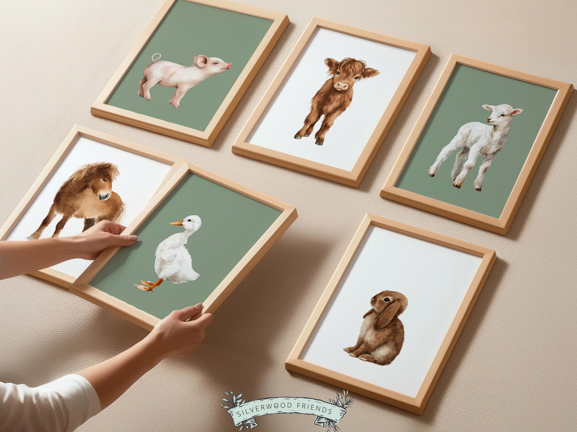 Baby Farm Animal Nursery Prints, Sage Green Highland Cow Western Nursery Decor, Kids Green Nursery Wall Art (DIGITAL)