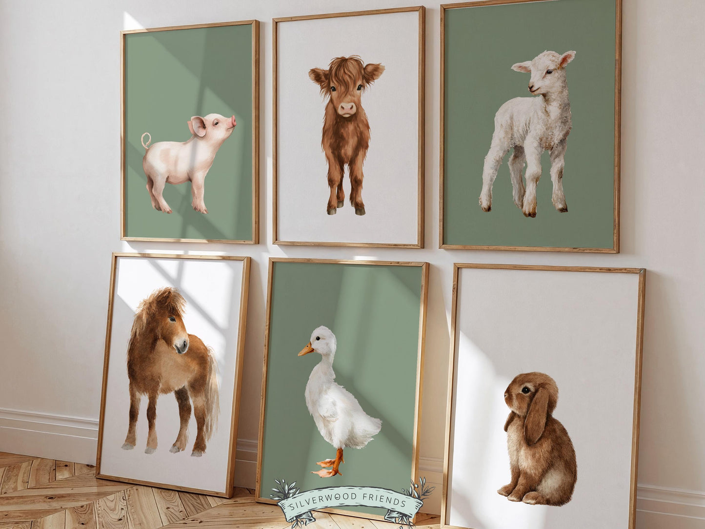 Baby Farm Animal Nursery Prints, Sage Green Highland Cow Western Nursery Decor, Kids Green Nursery Wall Art (DIGITAL)