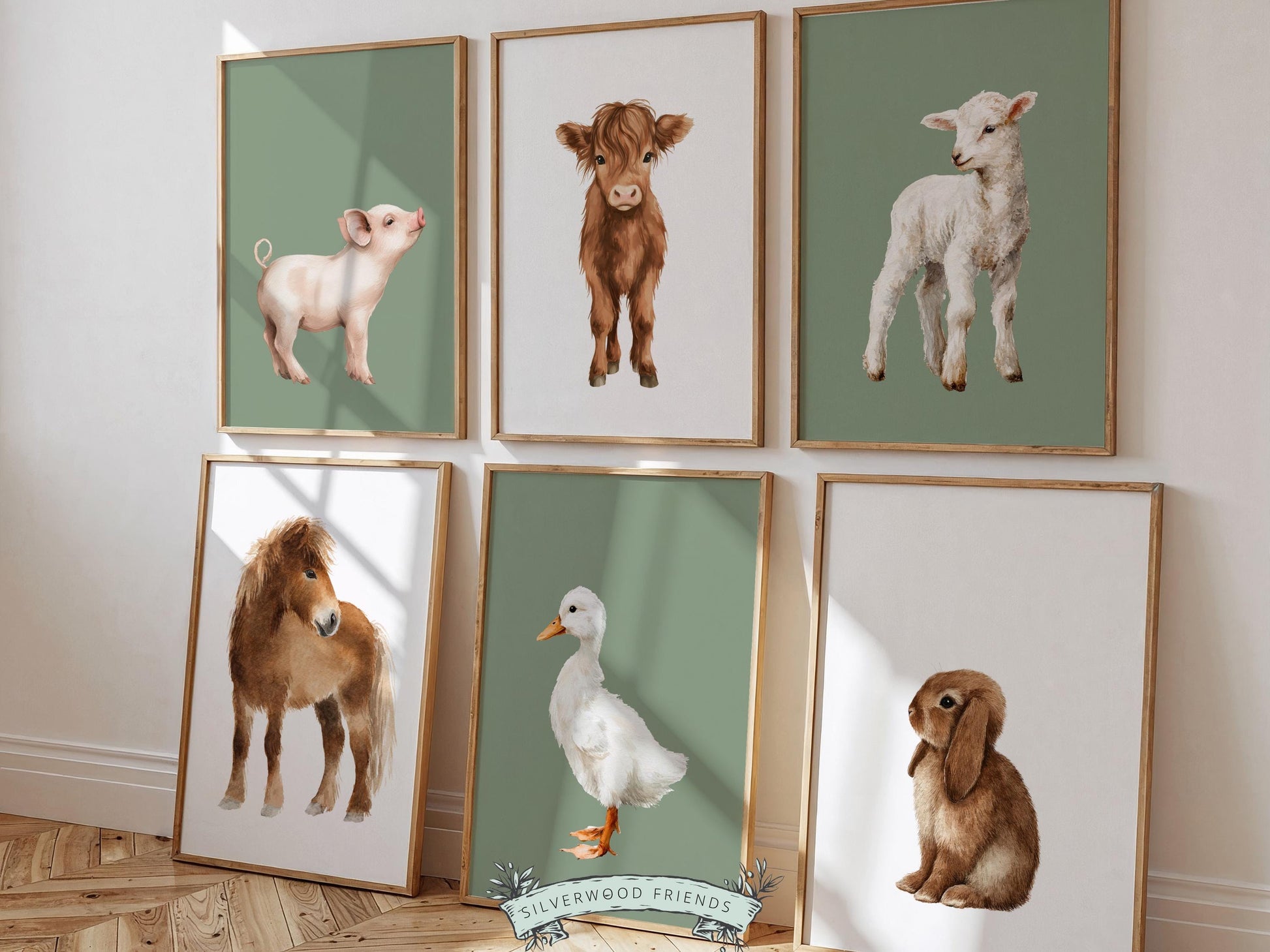 Baby Farm Animal Nursery Prints, Sage Green Highland Cow Western Nursery Decor, Kids Green Nursery Wall Art (DIGITAL)