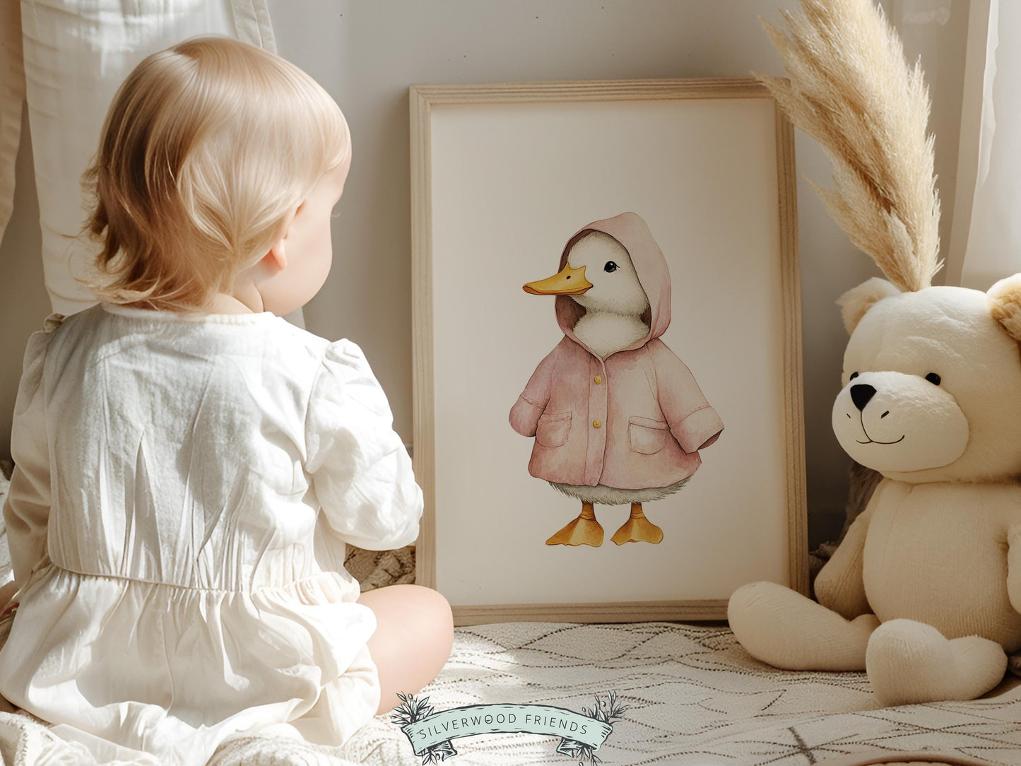 Set of 3 Pink Duck Nursery Prints, Watercolor Baby Animal Nursery Wall Art (Digital Download)