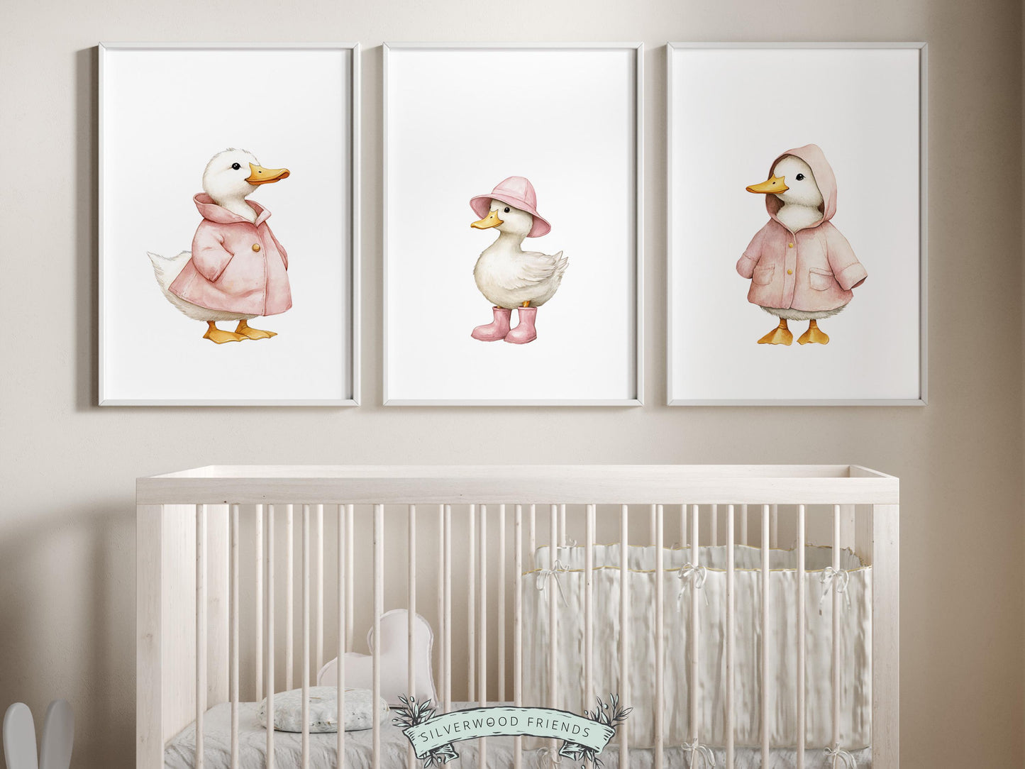 Set of 3 Pink Duck Nursery Prints, Watercolor Baby Animal Nursery Wall Art (Digital Download)