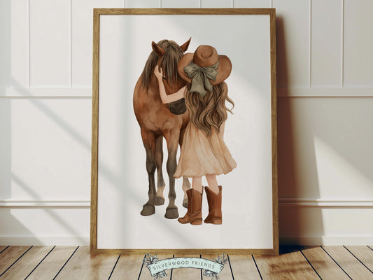 Create a calm and heartfelt space with this western cowgirl and horse nursery wall art print, featuring a tender moment of a young cowgirl gently embracing her horse. Illustrated in a soft watercolor style with warm, earthy tones and subtle sage green accents, this beautiful piece captures connection, trust, and quiet companionship, making it a timeless addition to any baby girl nursery, bedroom, or farmhouse-inspired space.