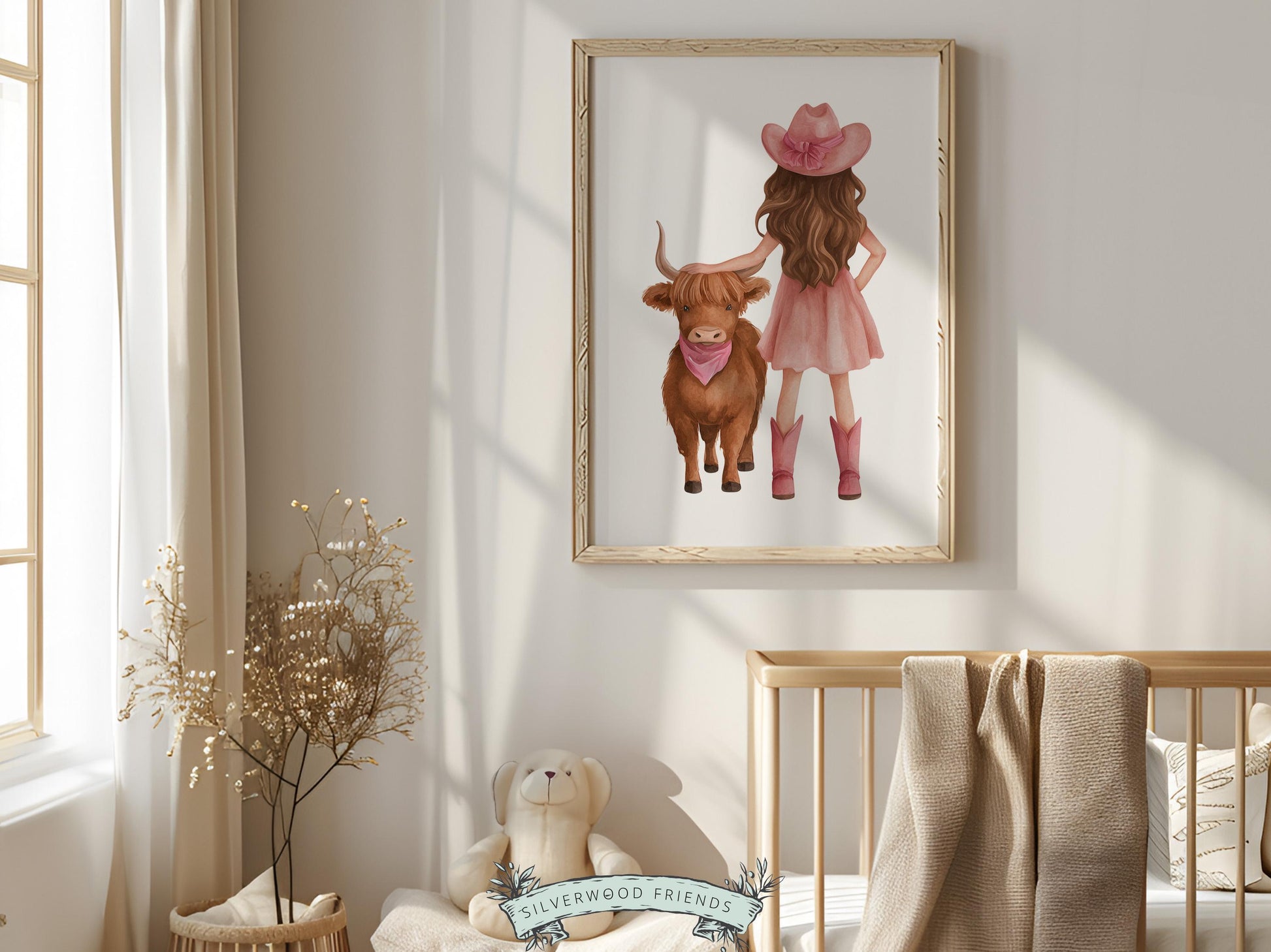 Highland Cow Nursery Print, Baby Girl Pink Highland Cow Nursery Decor, Little Cowgirl Print, Rustic Farmhouse Nursery Wall Art Digital Print