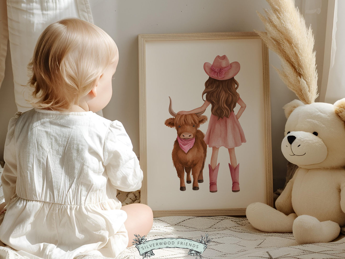 Highland Cow Nursery Print, Baby Girl Pink Highland Cow Nursery Decor, Little Cowgirl Print, Rustic Farmhouse Nursery Wall Art Digital Print