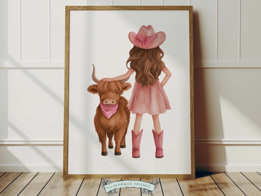 Create a sweet and whimsical space with this western cowgirl and highland cow nursery wall art print, featuring a young cowgirl in a soft pink dress and cowboy hat gently standing beside her adorable highland calf. Illustrated in a delicate watercolor style with warm, rustic tones and feminine pink accents, this charming piece captures friendship, gentleness, and a love for farm life, making it a beautiful addition to any baby girl nursery, bedroom, or playroom.