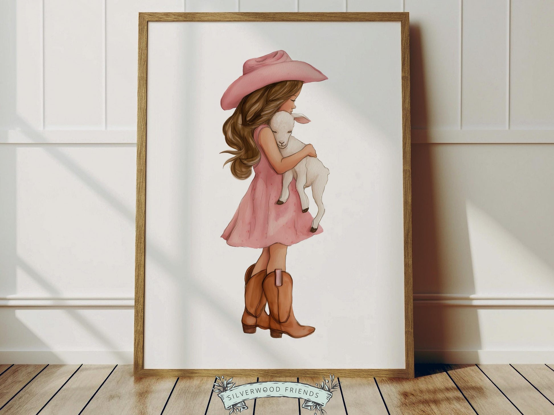 Create a sweet and heartfelt space with this western cowgirl and lamb nursery wall art print, featuring a young cowgirl in a soft pink dress and cowboy hat gently cuddling a baby lamb. Illustrated in a delicate watercolor style with warm, rustic tones and feminine blush accents, this charming piece captures love, comfort, and gentle companionship, making it a beautiful addition to any baby girl nursery, bedroom, or playroom.