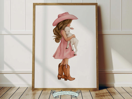 Create a sweet and heartfelt space with this western cowgirl and lamb nursery wall art print, featuring a young cowgirl in a soft pink dress and cowboy hat gently cuddling a baby lamb. Illustrated in a delicate watercolor style with warm, rustic tones and feminine blush accents, this charming piece captures love, comfort, and gentle companionship, making it a beautiful addition to any baby girl nursery, bedroom, or playroom.