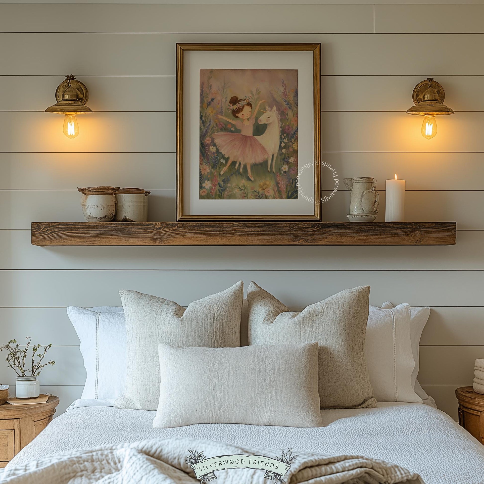 Ballet-themed art featuring a young dancer and unicorn for kids' spaces — dreamy watercolor painting with a magical touch in muted shades.
