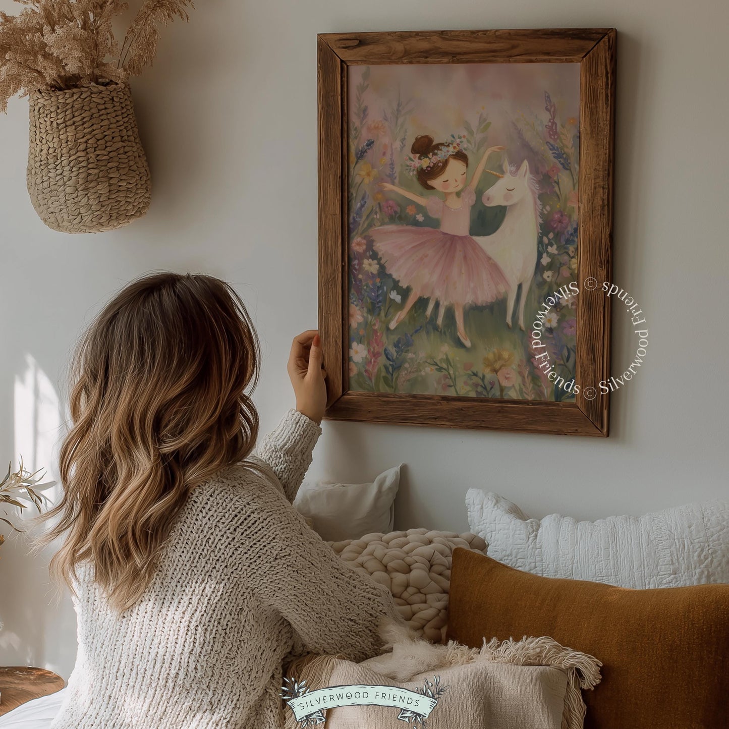 Storybook wall art of a young dancer and her unicorn friend for playroom — whimsical design with pastel wildflowers and tender emotions.