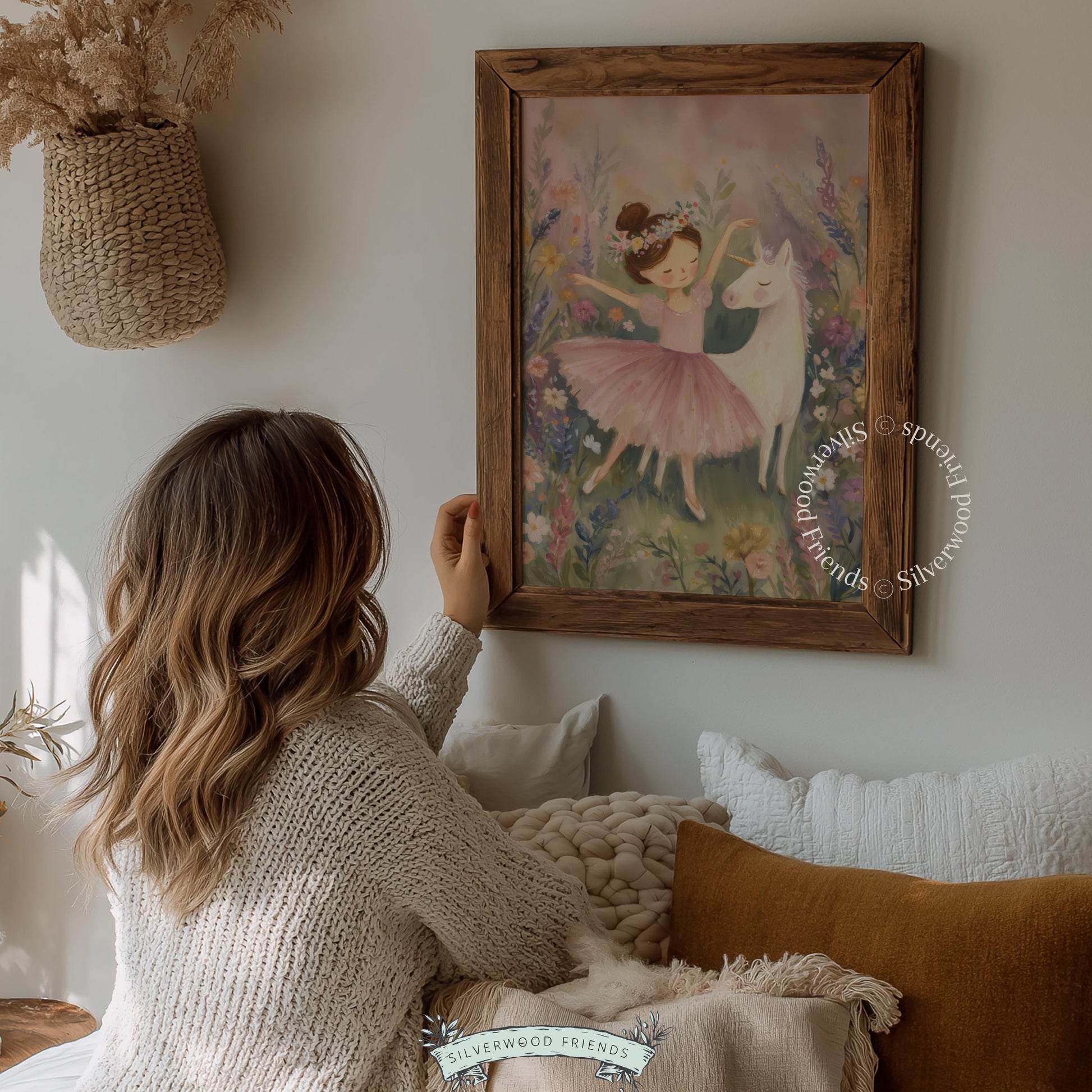 Storybook wall art of a young dancer and her unicorn friend for playroom — whimsical design with pastel wildflowers and tender emotions.