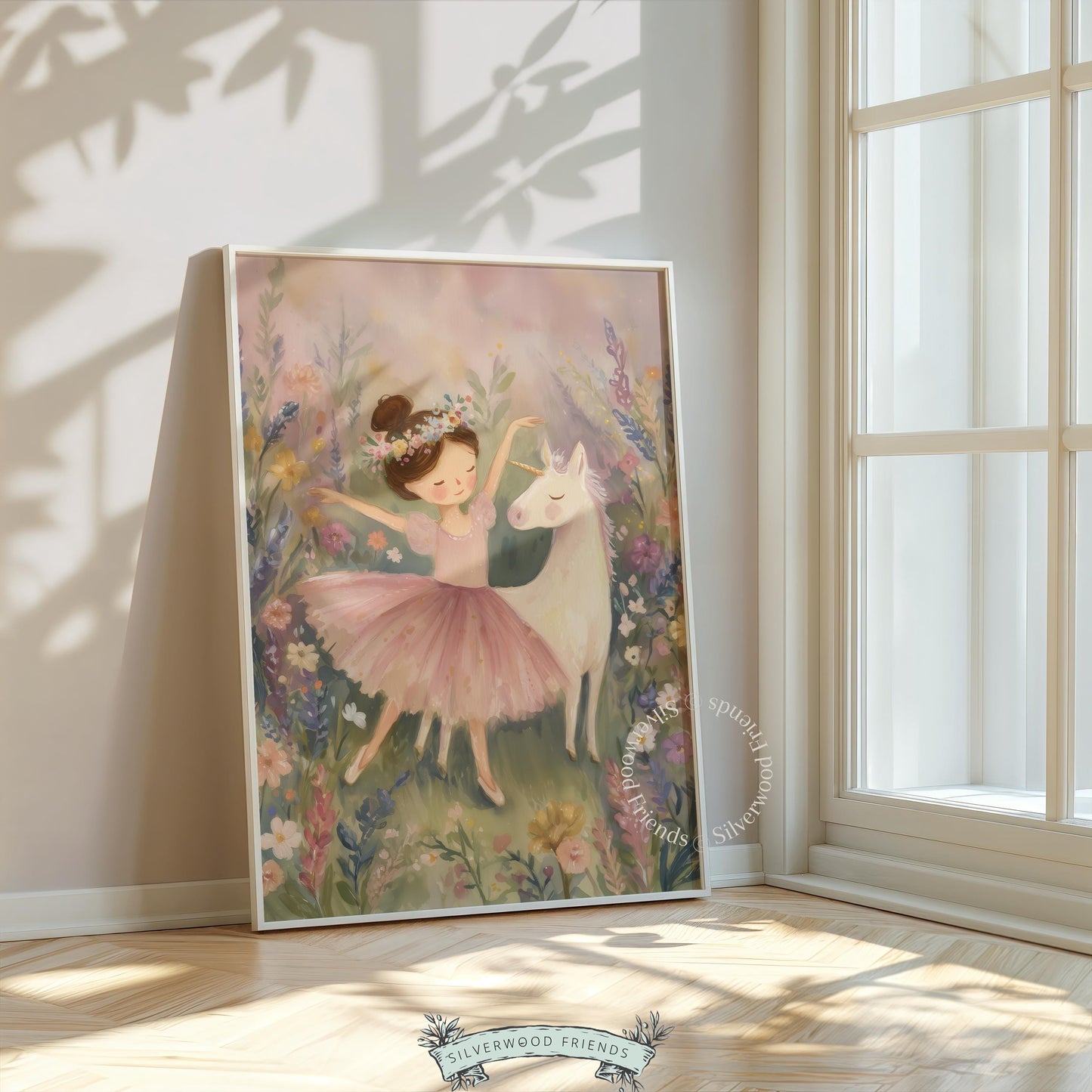 Dreamy ballerina and unicorn digital download for children's room — magical scenery with flowers and gentle pastel hues creates a serene look.