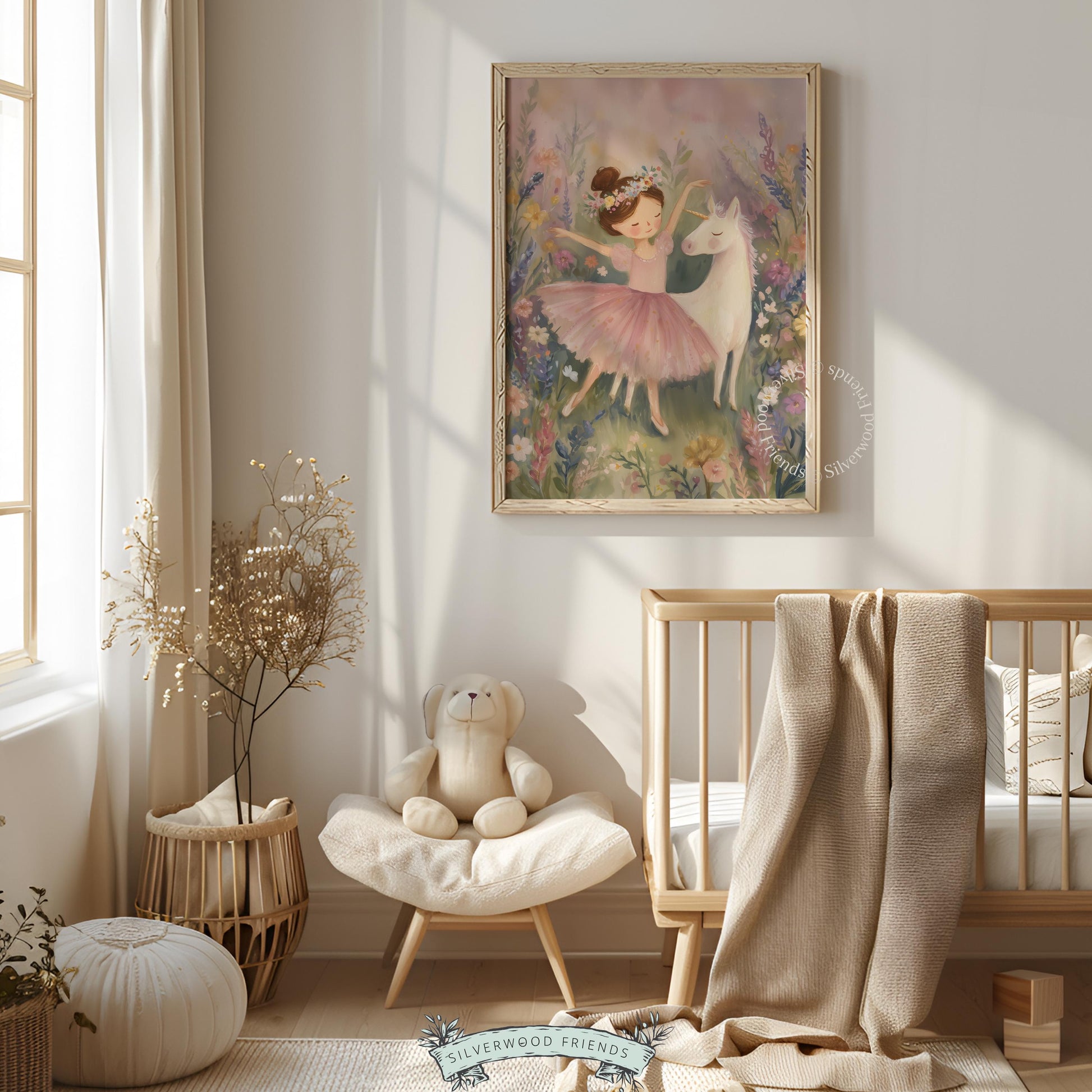 Pastel unicorn and ballerina wall art for girls' playroom — endearing scene filled with gentle colors and wildflower surroundings.