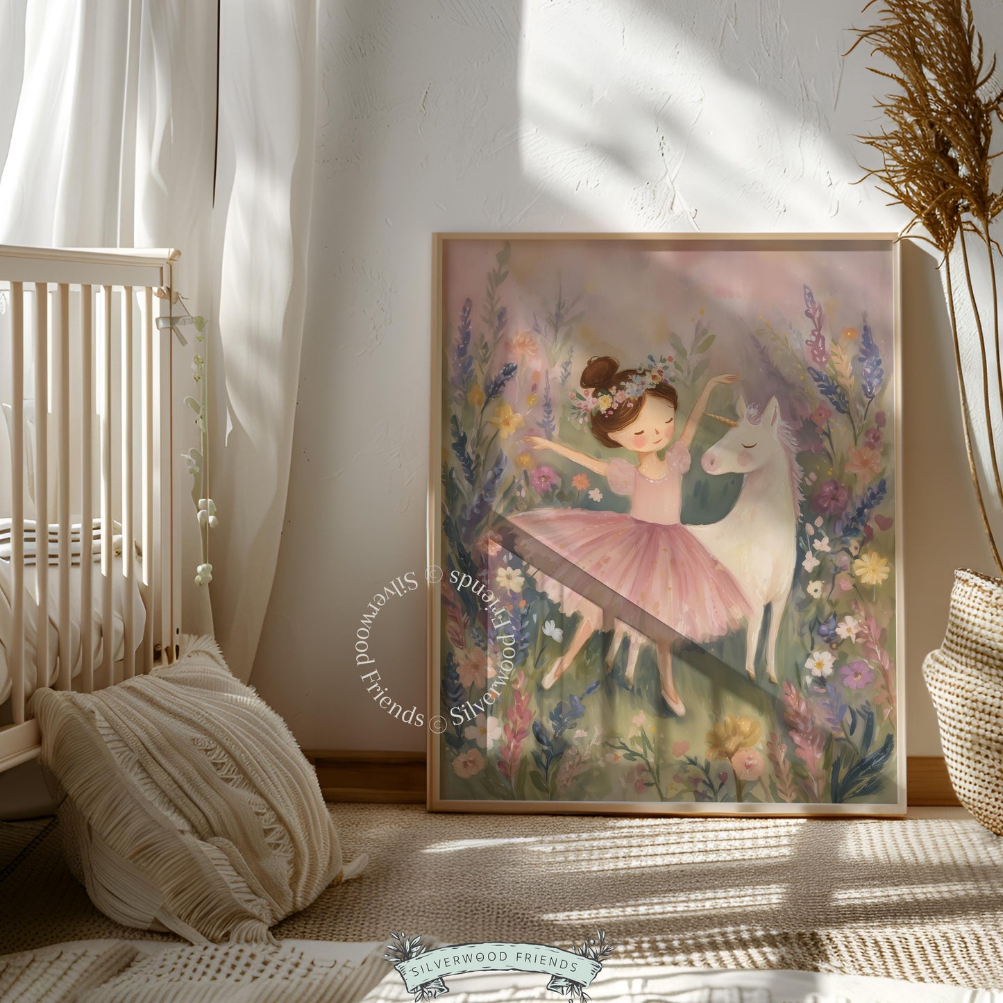 Enchanting ballerina with unicorn painting for toddler’s nursery — pastel tones and delicate wildflowers create a serene atmosphere.