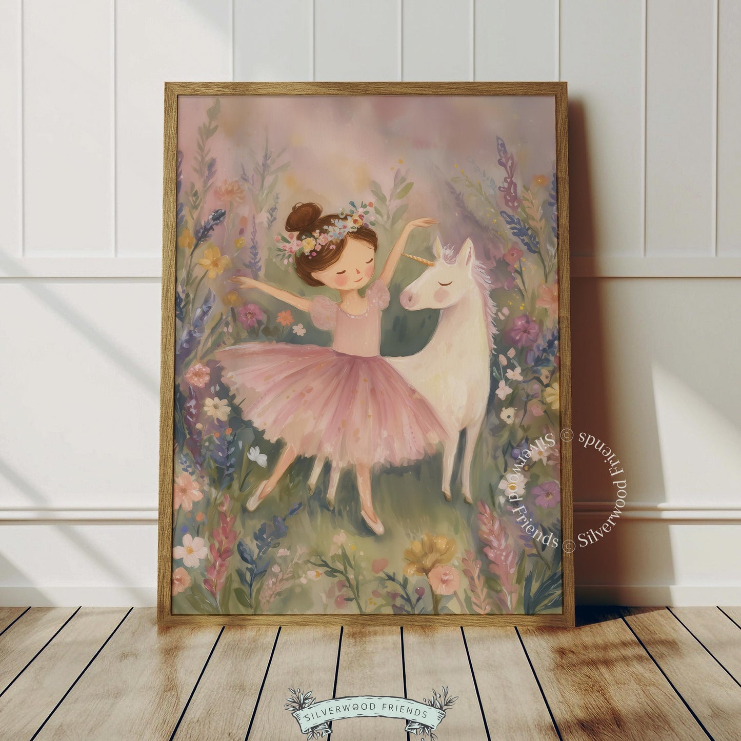 Ballerina girl and unicorn wall art for playroom — charming watercolor illustration with gentle hues and enchanting woodland details.