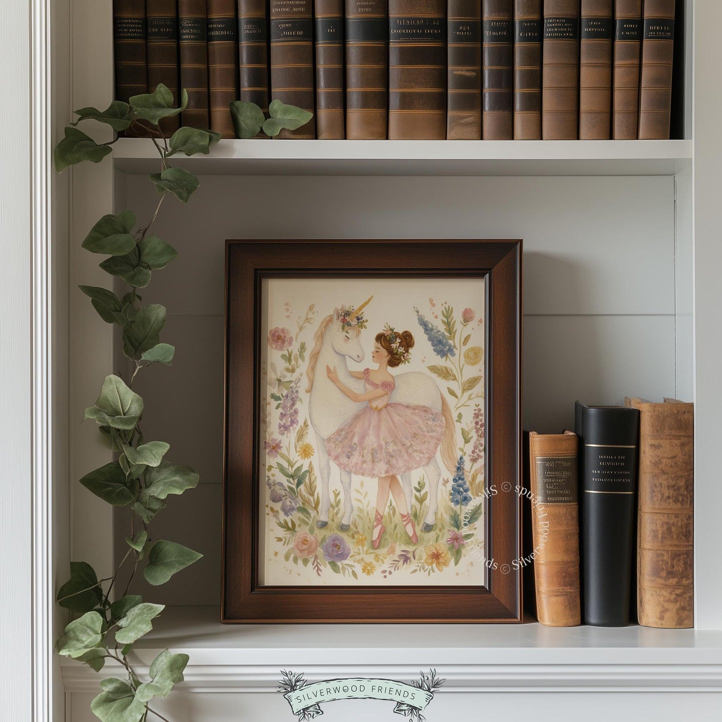 Fantasy illustration of a ballerina and unicorn wall art for nursery décor — dreamy pastel design with delicate floral accents.