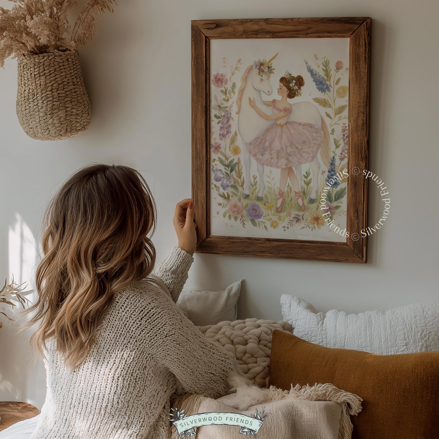 Enchanting ballerina and unicorn digital print for nursery — whimsical watercolor design in pastel shades, perfect for fairy tales.