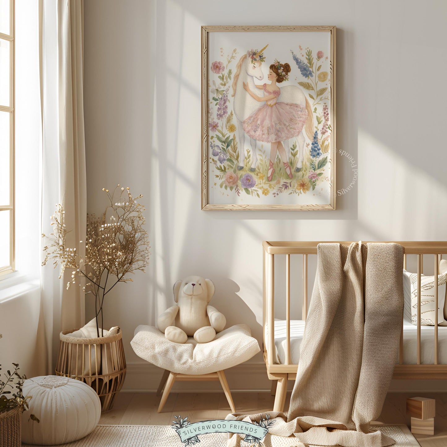 Sweet unicorn nuzzling ballerina art for nursery — delicate watercolor print with gold accents and floral charm in soft colors.