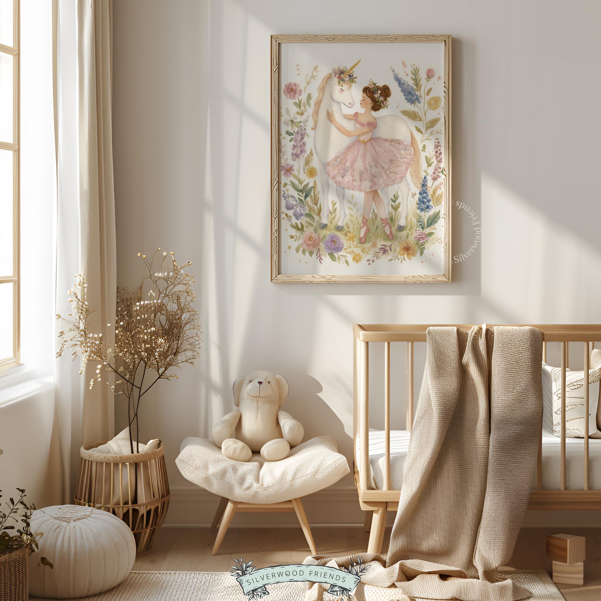 Sweet unicorn nuzzling ballerina art for nursery — delicate watercolor print with gold accents and floral charm in soft colors.