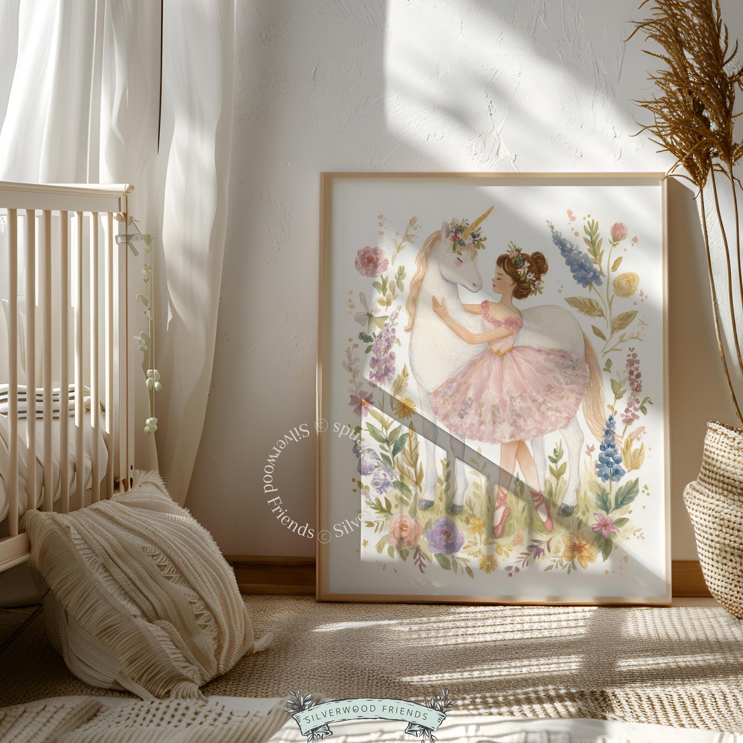 Charming unicorn and young dancer wall art for children's bedroom — romantic illustration with gold accents and soft colors.
