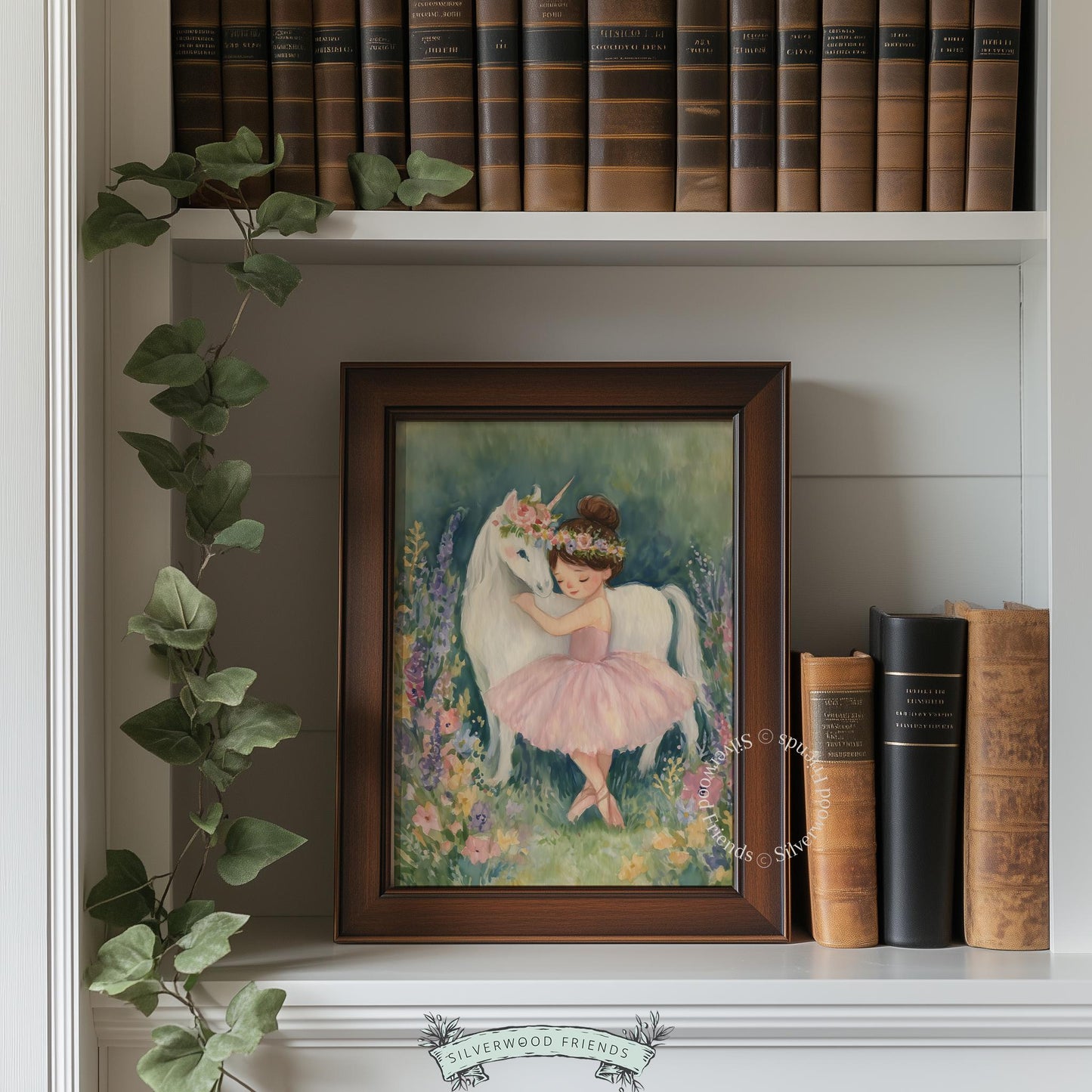 Ballerina and unicorn artwork for children's bedroom — pastel, storybook piece exuding whimsical charm and gentle beauty.
