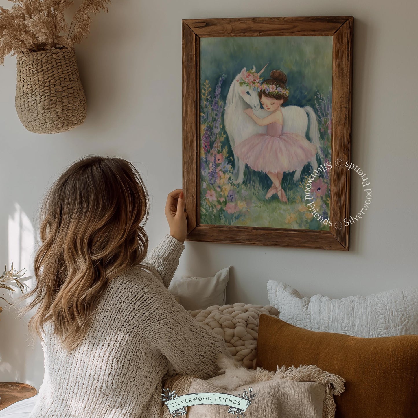 Young ballerina and unicorn wall art for nursery — a dreamy pastel illustration perfect for children's room decor.