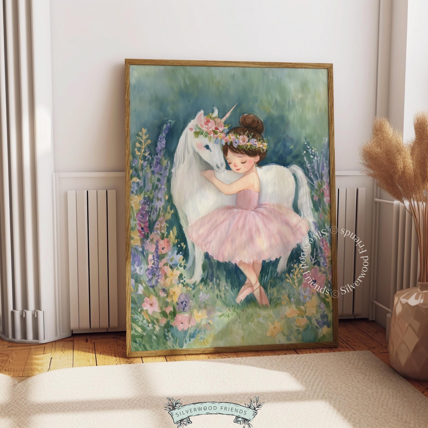Ballerina in tutu and majestic unicorn printable art for kids' room — dreamy hues with charming wildflowers and a serene feel.