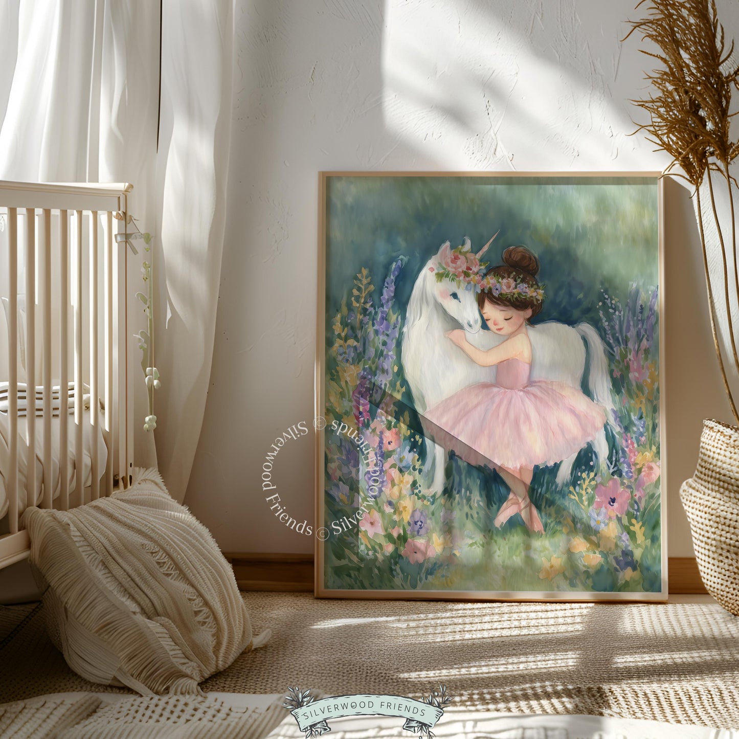 Ballerina with floral headband and unicorn digital print for girl’s playroom — gentle colors and whimsical design for children's art.