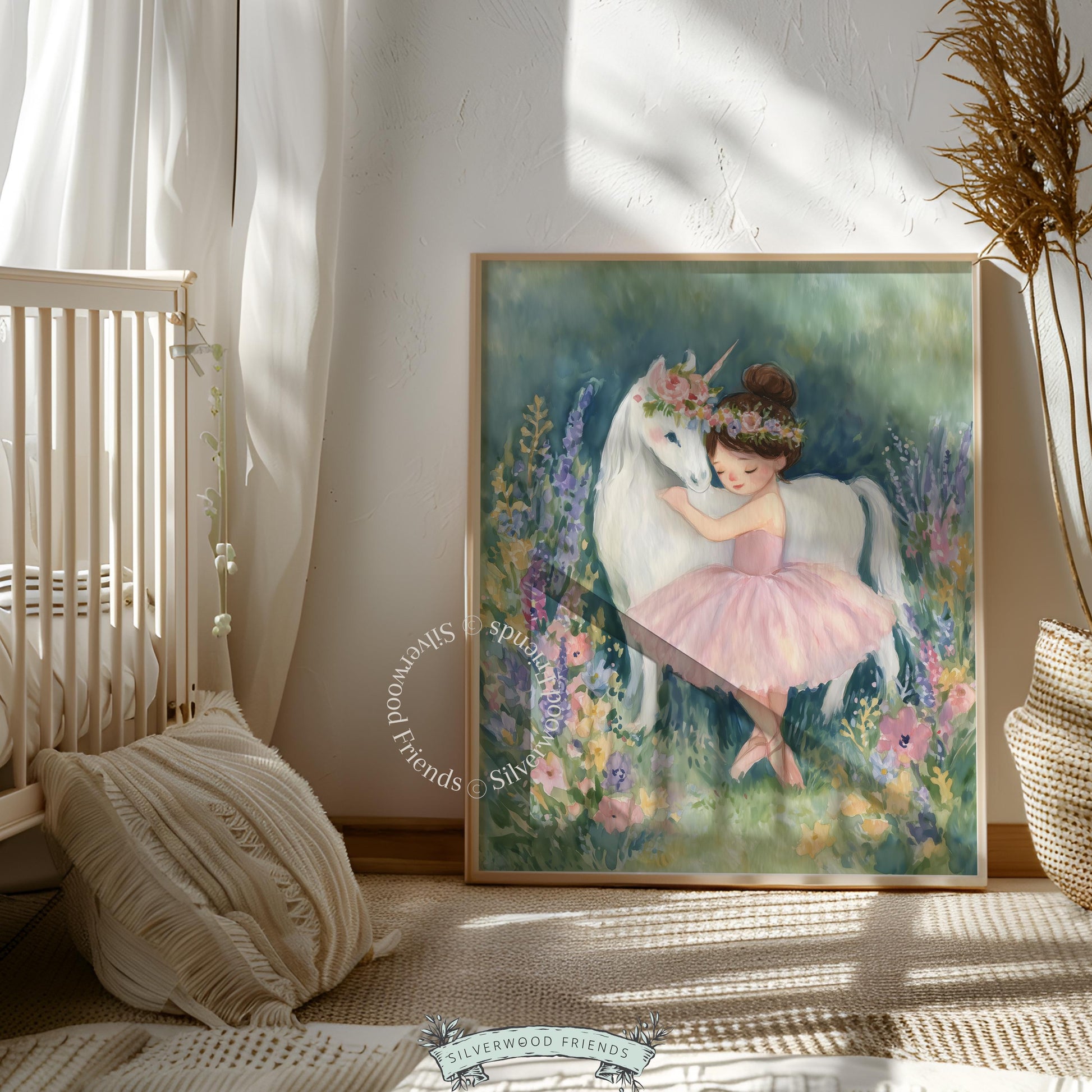 Ballerina with floral headband and unicorn digital print for girl’s playroom — gentle colors and whimsical design for children's art.