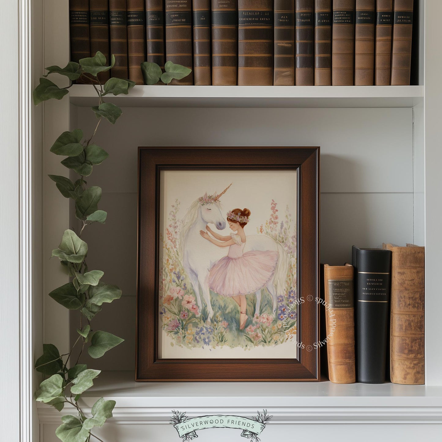 Enchanting unicorn and ballet girl digital print for playroom — dreamy artwork in gentle colors, perfect for young dancers.