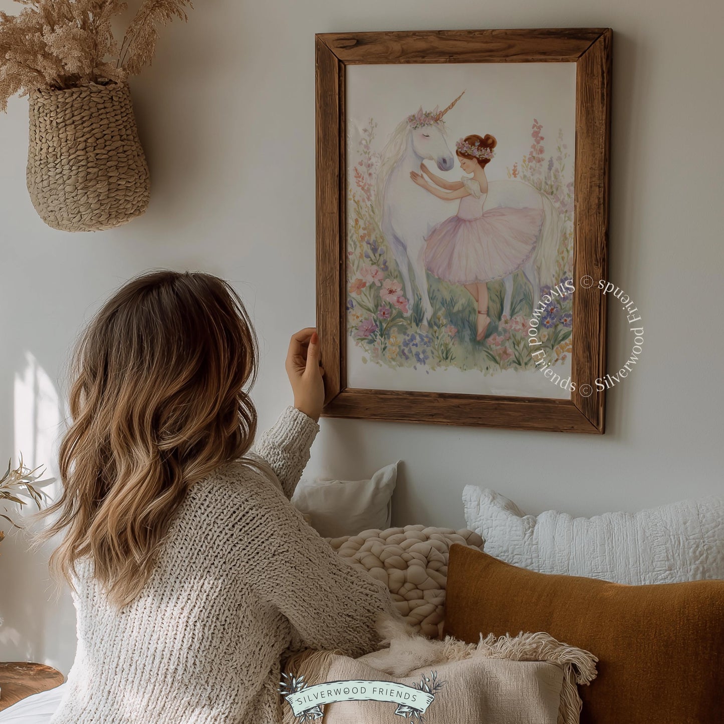Tender moment between a unicorn and dancer digital download for nursery — soft watercolor design with romantic wildflower details.