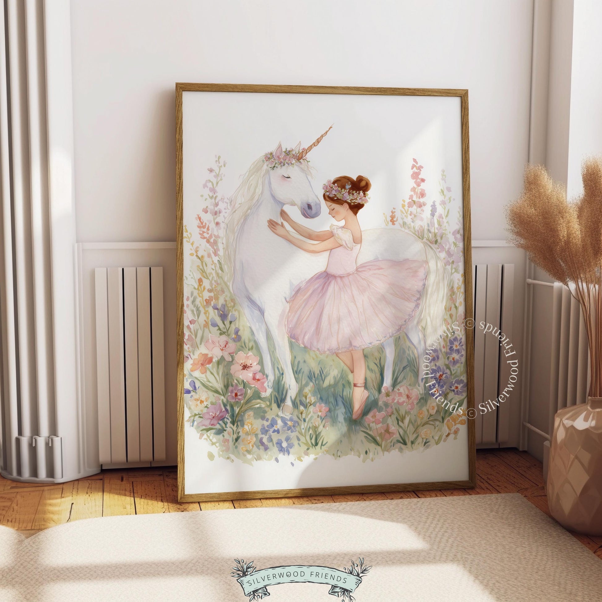 Sweet unicorn and ballerina wall decor for nursery — delicate watercolor style with floral crown and soft pastel hues.