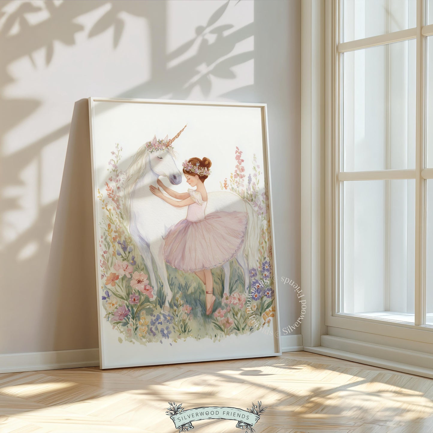 Adorable unicorn and ballerina digital art for children's room — soft blush tones combined with playful wildflowers for cheerful decor.