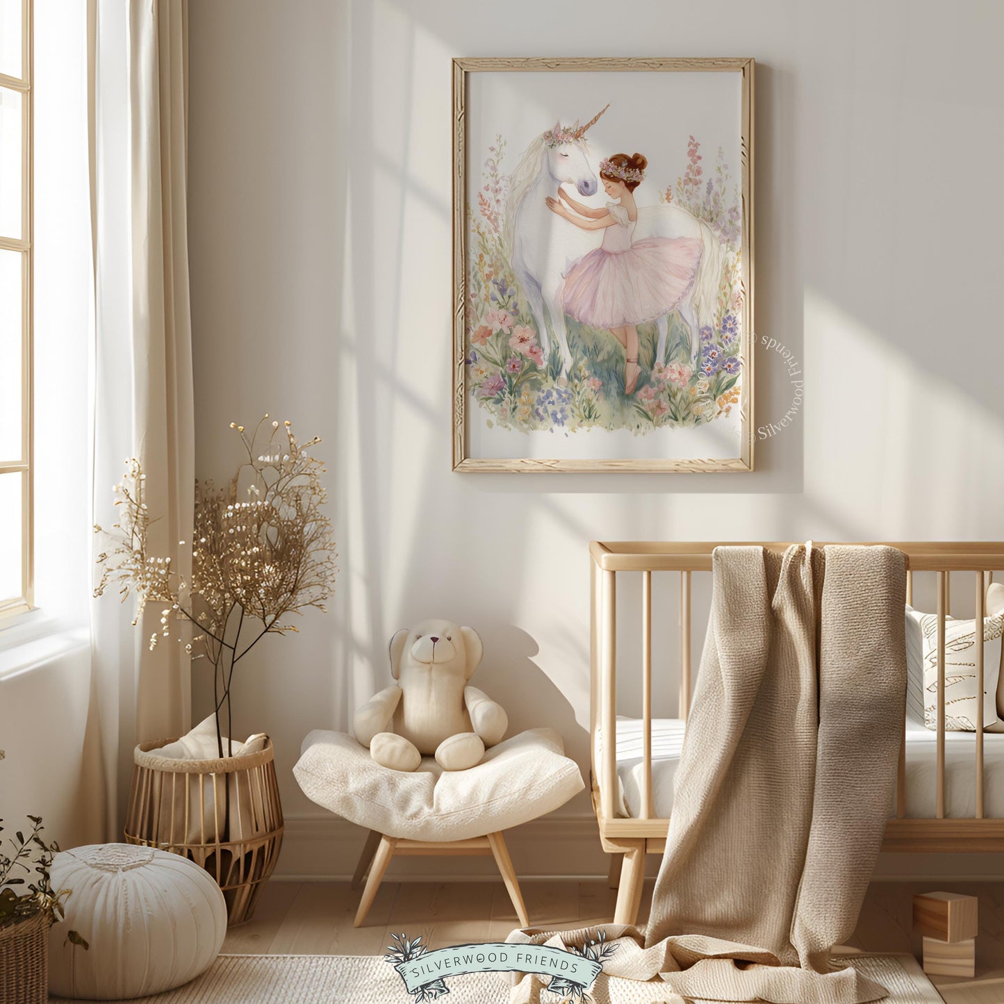 Tender unicorn and little dancer printable art for child's playroom — cute watercolor design featuring delicate floral accents.