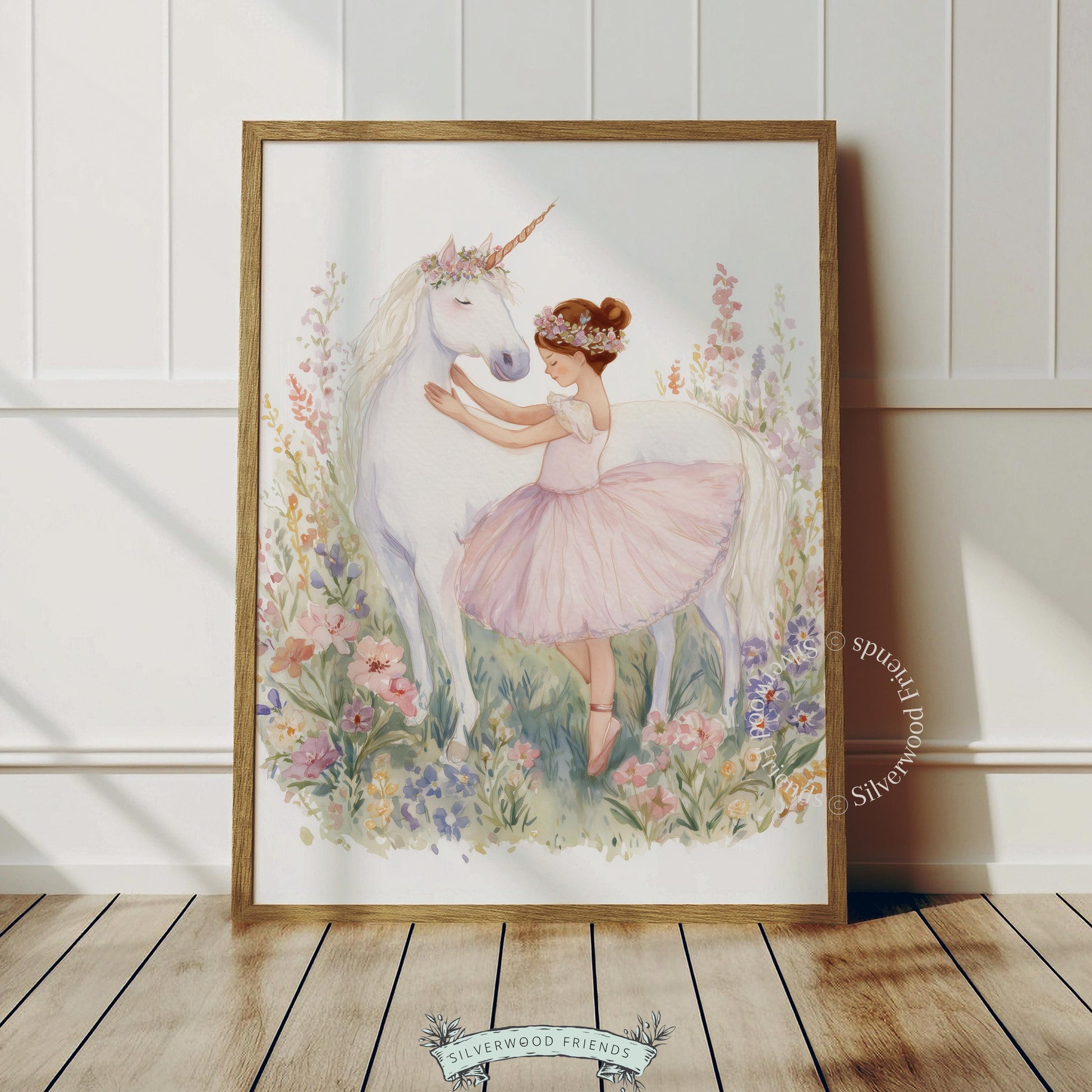 Magical unicorn and dancer wall print for nursery — heartwarming artwork featuring delicate plants and soft color palette.