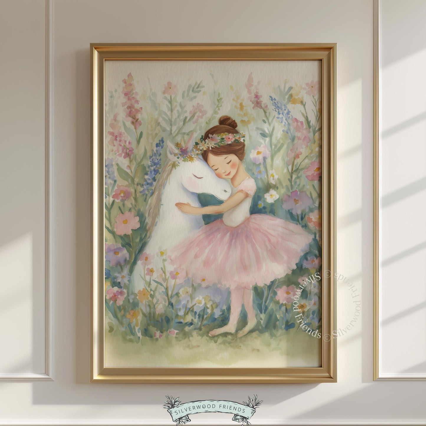 Young ballerina girl hugging a white unicorn wall art for nursery — soft watercolor style with pastel colors and dreamy vibe.