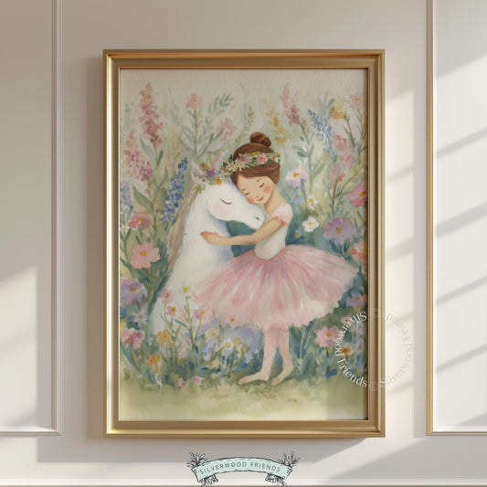 Young ballerina girl hugging a white unicorn wall art for nursery — soft watercolor style with pastel colors and dreamy vibe.