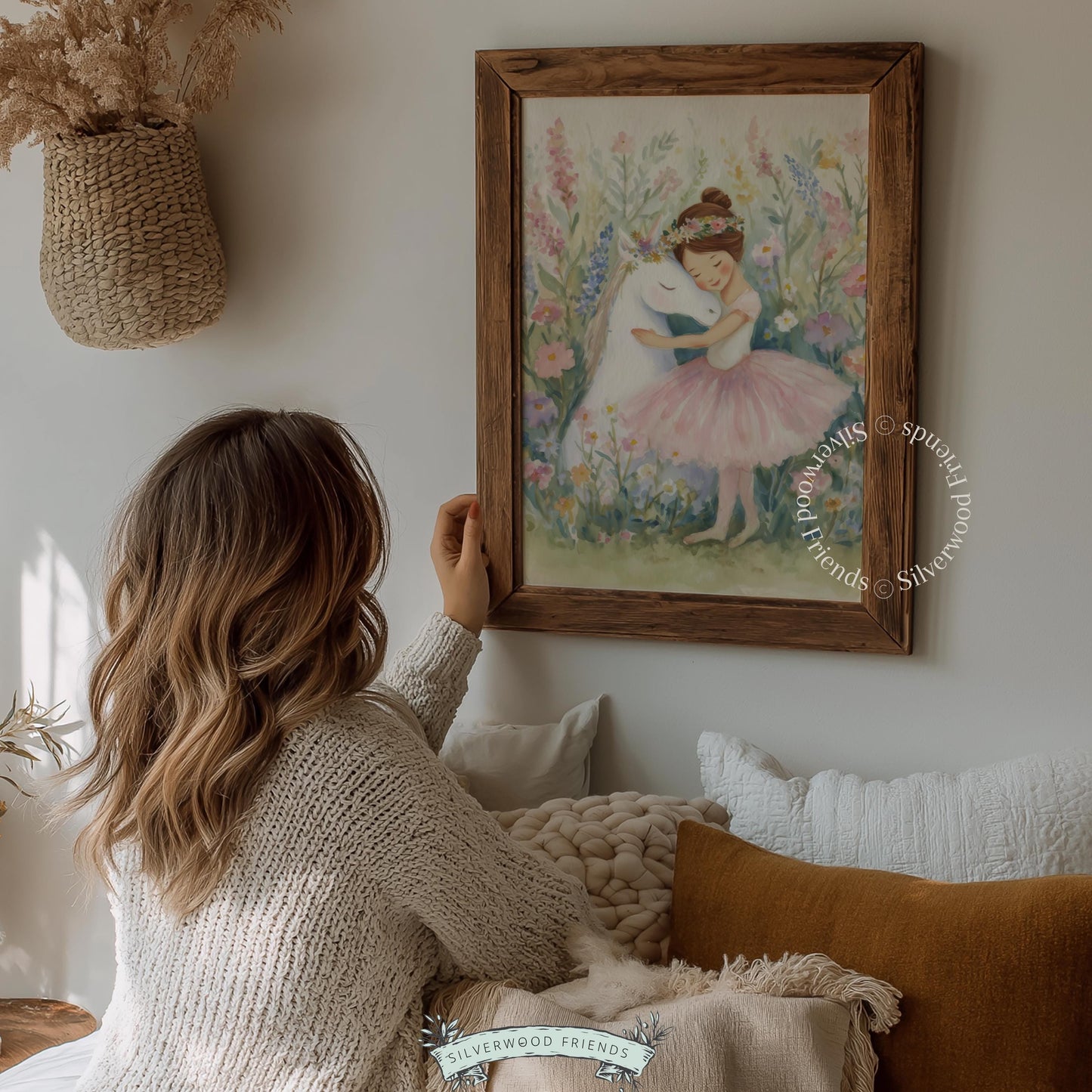 Sweet ballerina girl and unicorn wall art for child's room — charming artwork with gentle pastels and tender, cozy theme.