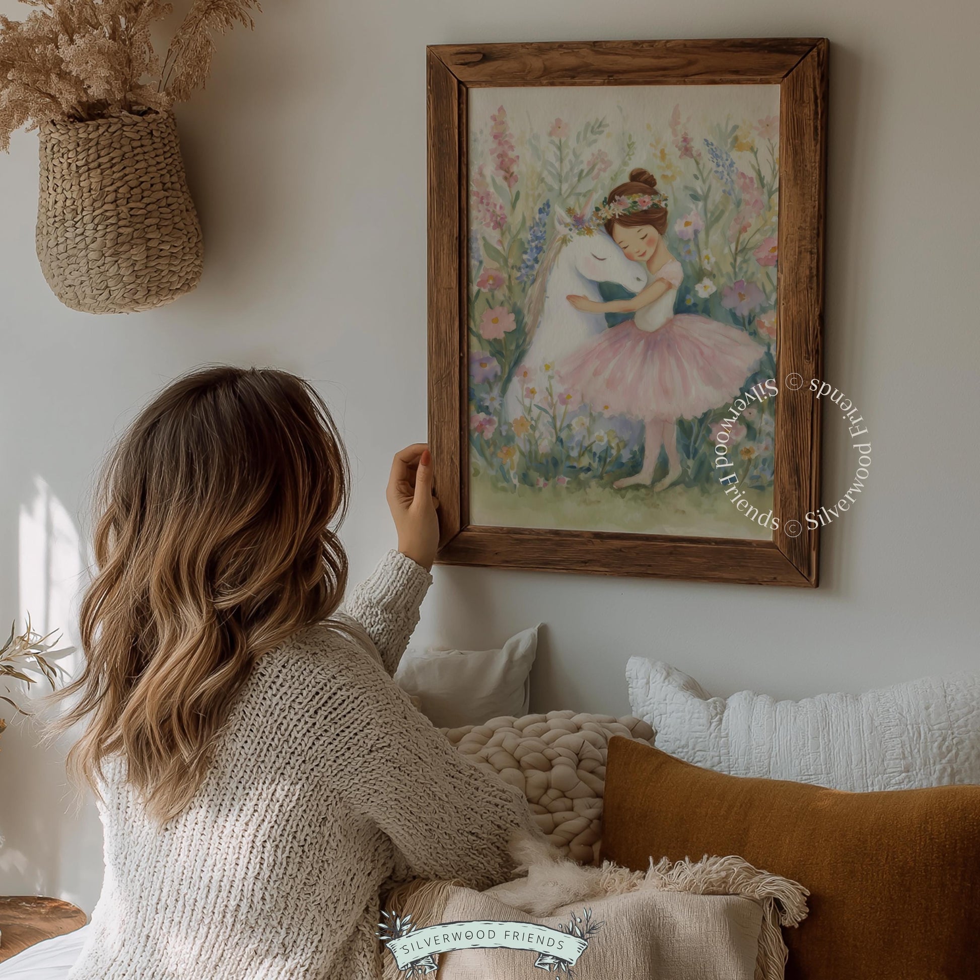 Sweet ballerina girl and unicorn wall art for child's room — charming artwork with gentle pastels and tender, cozy theme.