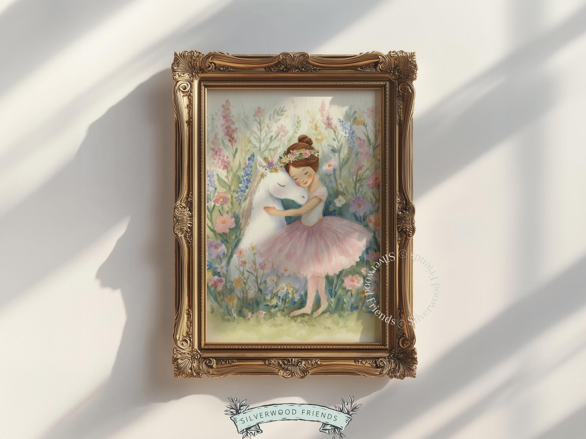 Cute ballerina and unicorn digital print for kids' room — whimsical illustration featuring gentle colors and a cozy atmosphere.