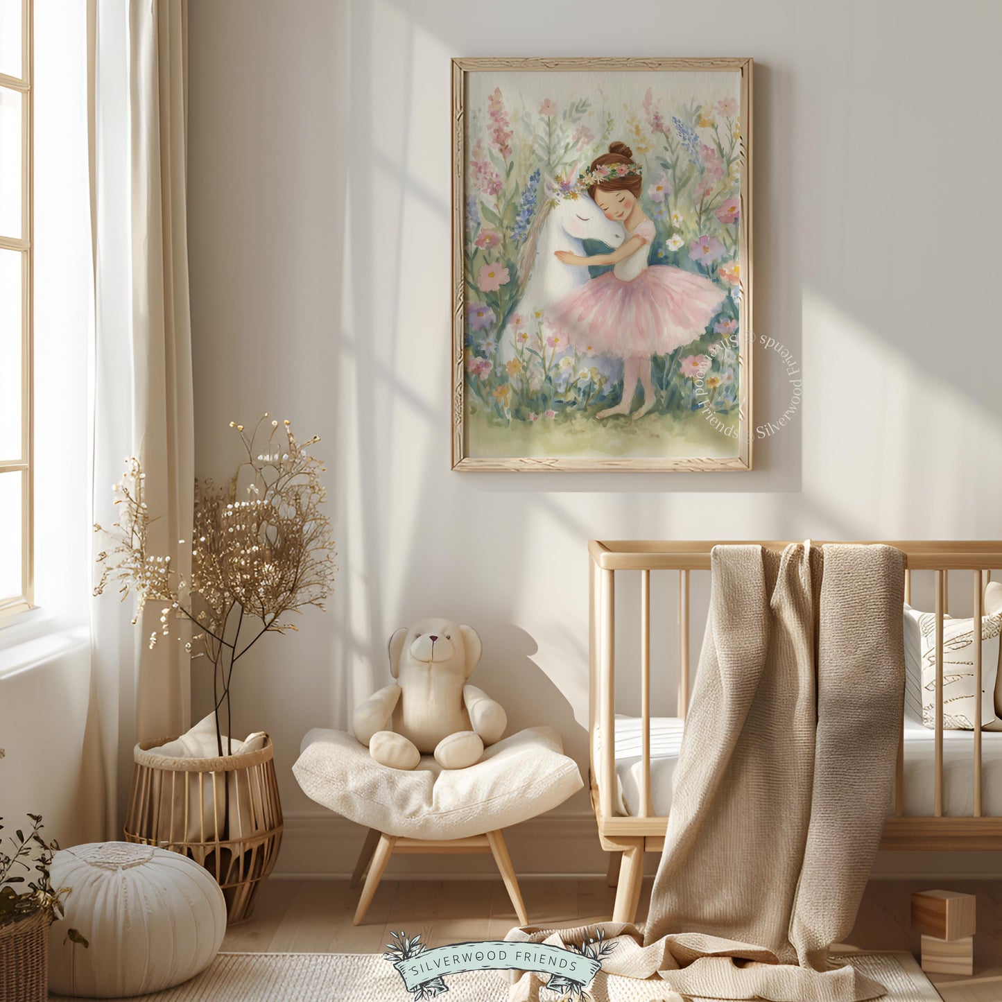 Lovely ballerina hugging a unicorn artwork for nursery — delightful watercolor style featuring muted pastel shades and warmth.